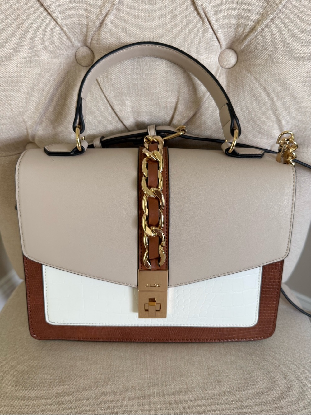 Structured Top-Handle Satchel in Cream, White & Brown